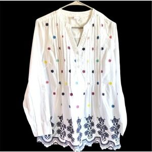 American Sweetheart Embroidered Tunic Top‎ Floral Pintuck Blouse M